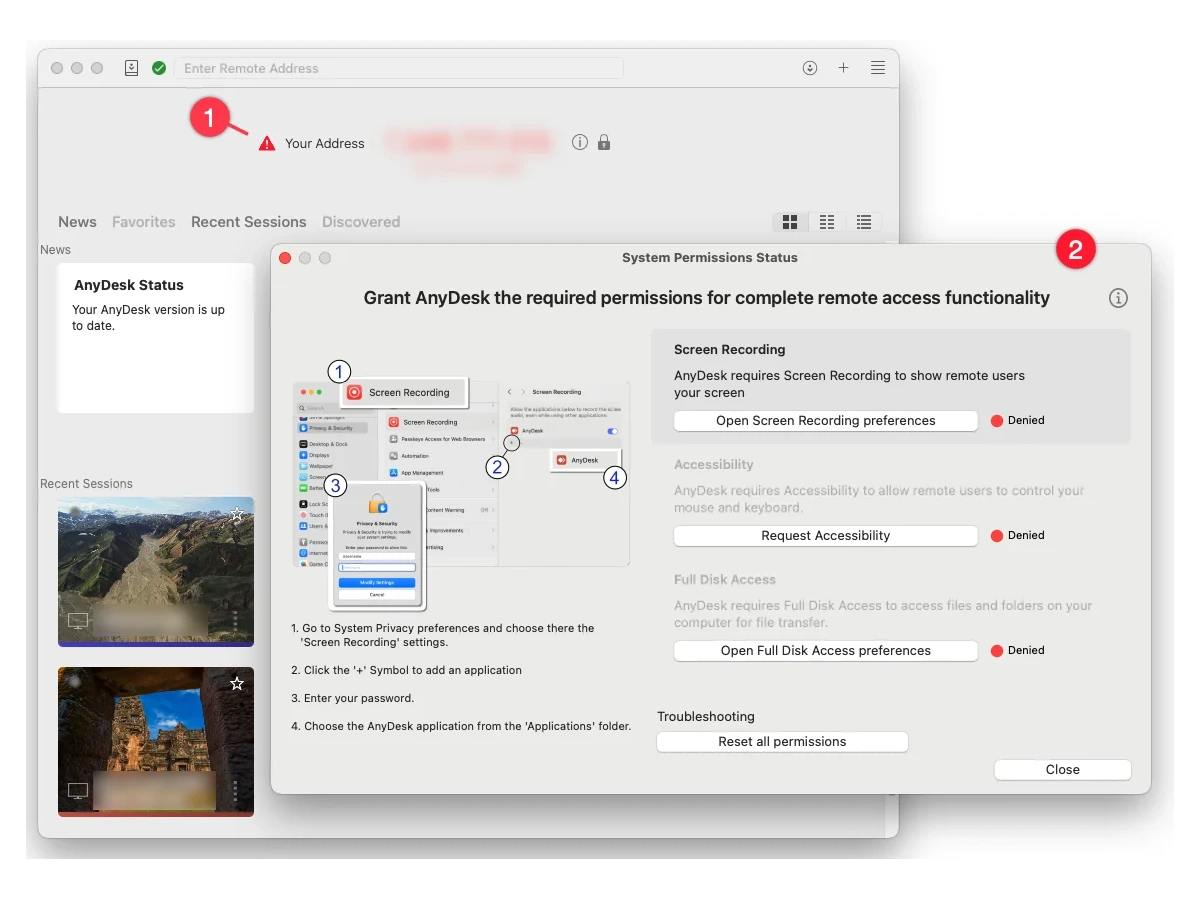 Το παράθυρο αδειών του AnyDesk. Θα χρησιμοποιήσετε τις επιλογές Screen Recording και Accessibility.